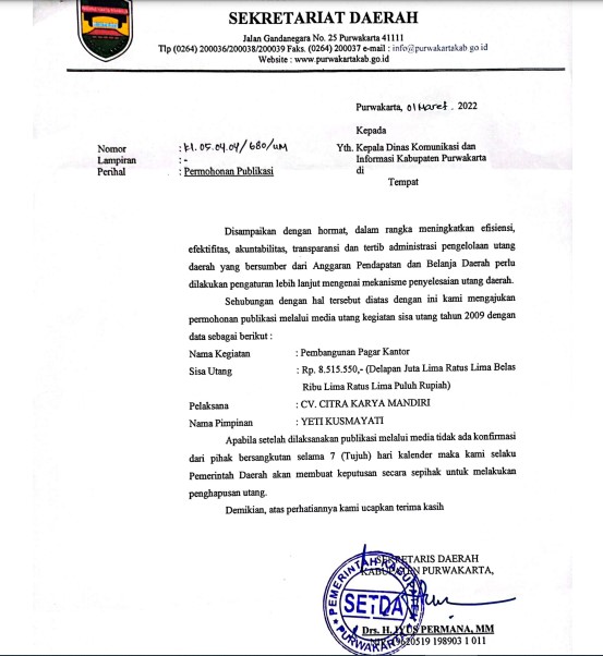 Permohonan Publikasi Utang Sisa Kegiatan Tahun 2009